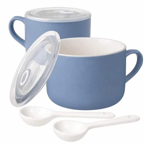 Lid & Spoon Equipped, 30 fl. oz. Blue, Ceramic, Soup Bowl, (Set of 2), Ideal for Summer Noodles and Daily Food Storage