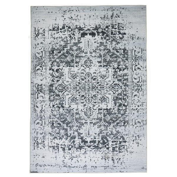 PLAYA RUG Himalayas Black Creme 5 ft. 4 in. x 8 ft. Machine Washable Modern Floral Abstract Polyester Non-Slip Backing Area Rug