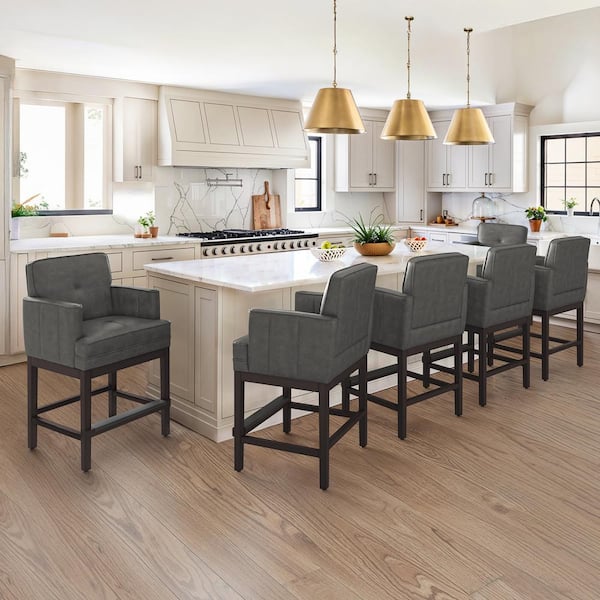 LUE BONA 27 in. Black Gray Faux Leather Upholstered Counter Height Bar Stool Armrests and Wood Frame Counter Stool (Set of 6)