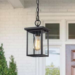 Matte Black Rustic Outdoor Hanging Lantern, Mini Farmhouse 1-Light Square Outdoor Pendant Light with Seeded Glass Shade