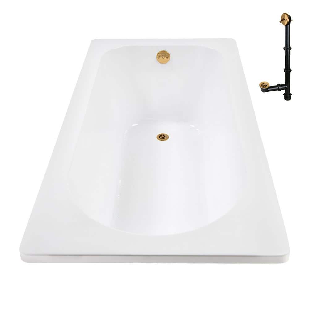 72" Glossy White Acrylic Drop-In Soaking Bathtub with Brushed Gold Trim