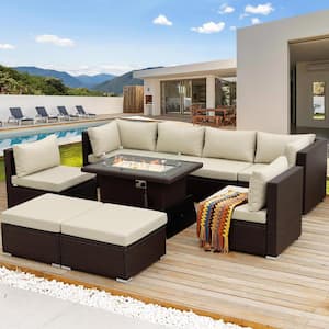 Morden 9 Piece Espresso Ratten Outdooor Deep Seating Sectional Sofa Set with Cream Cushions Fire Pit Table and Ottomans