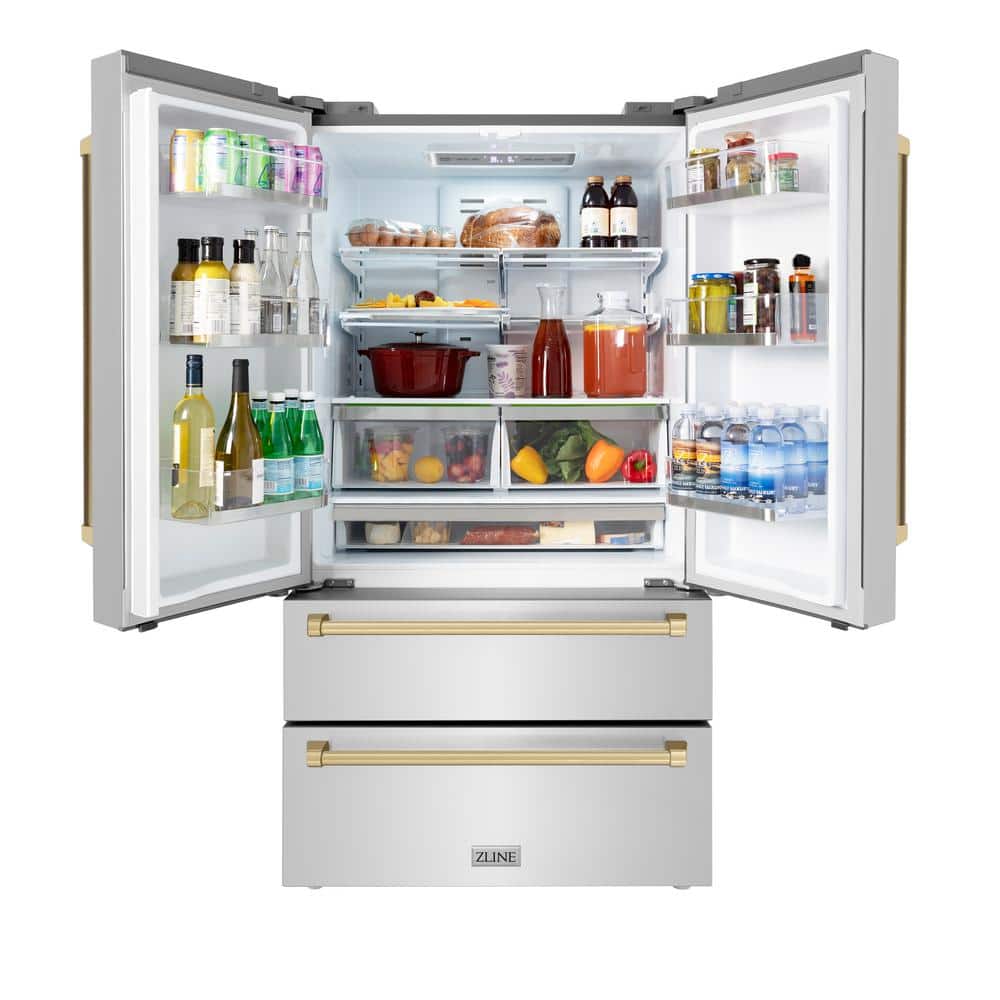 ZLINE 36" Stainless Steel French Door Refrigerator with Champagne Bronze Handles