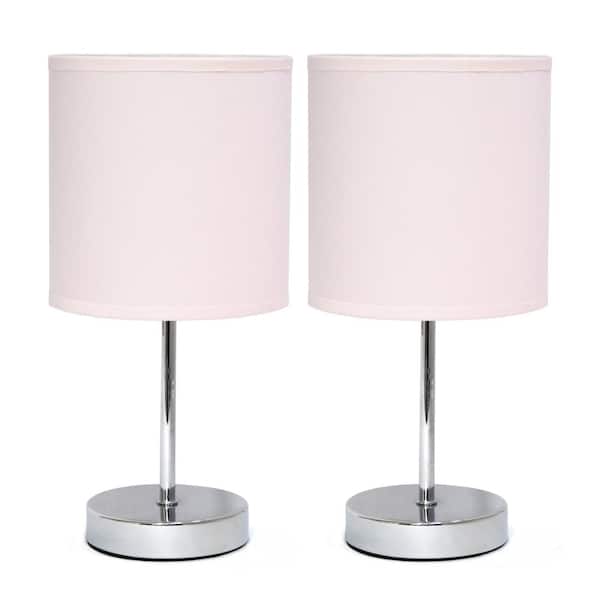 Simple Designs 11 in. Chrome Mini Basic Blush Pink Table Lamp with Fabric Shade (2-Pack)