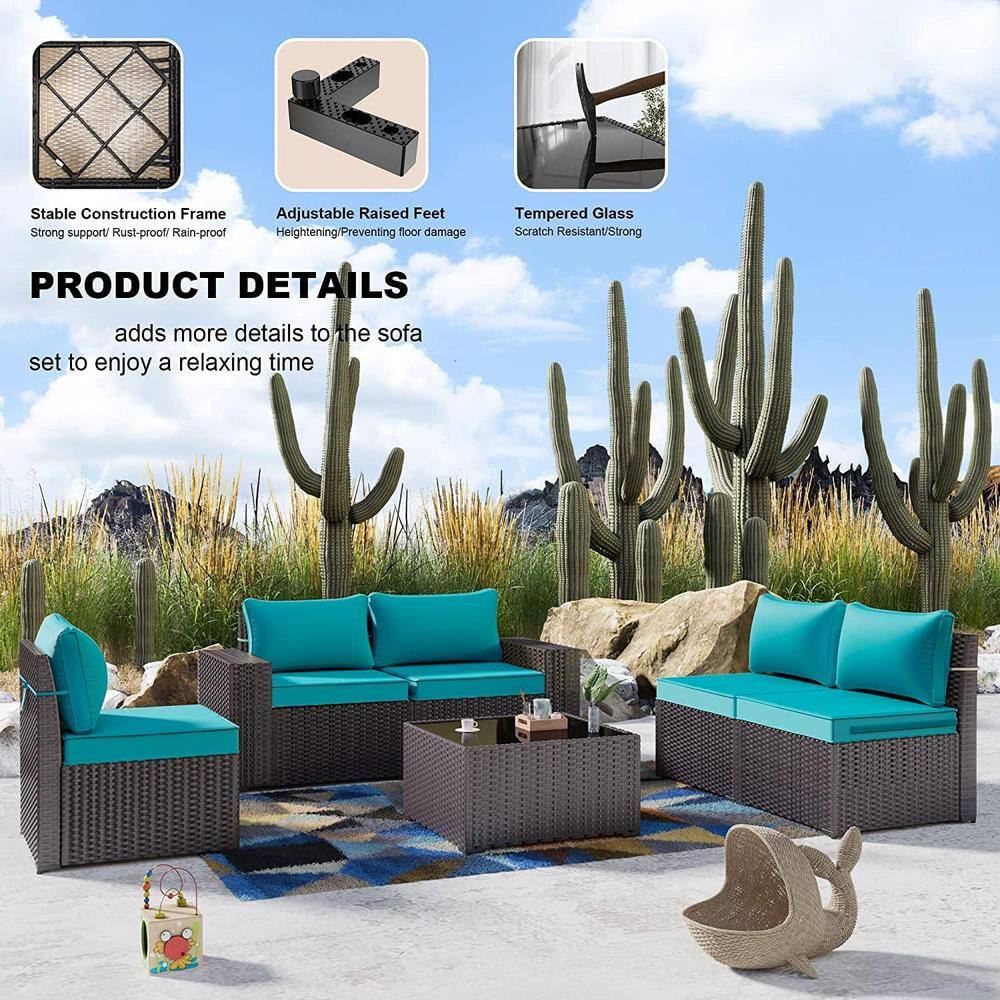 5-Piece Brown Steel Frame Outdoor Sectional Sofa with Blue Cushions