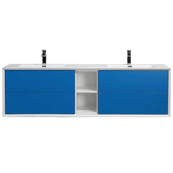Vienna 75 in. Double Sink Floating Blue Bath Vanity with White Acrylic Top (Assembled)