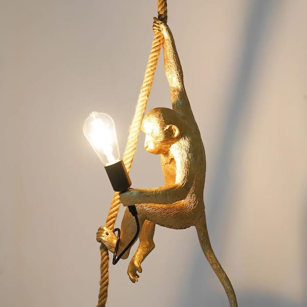 OUKANING 1-Light Gold Vintage Resin Hemp Rope Monkey Pendant Light