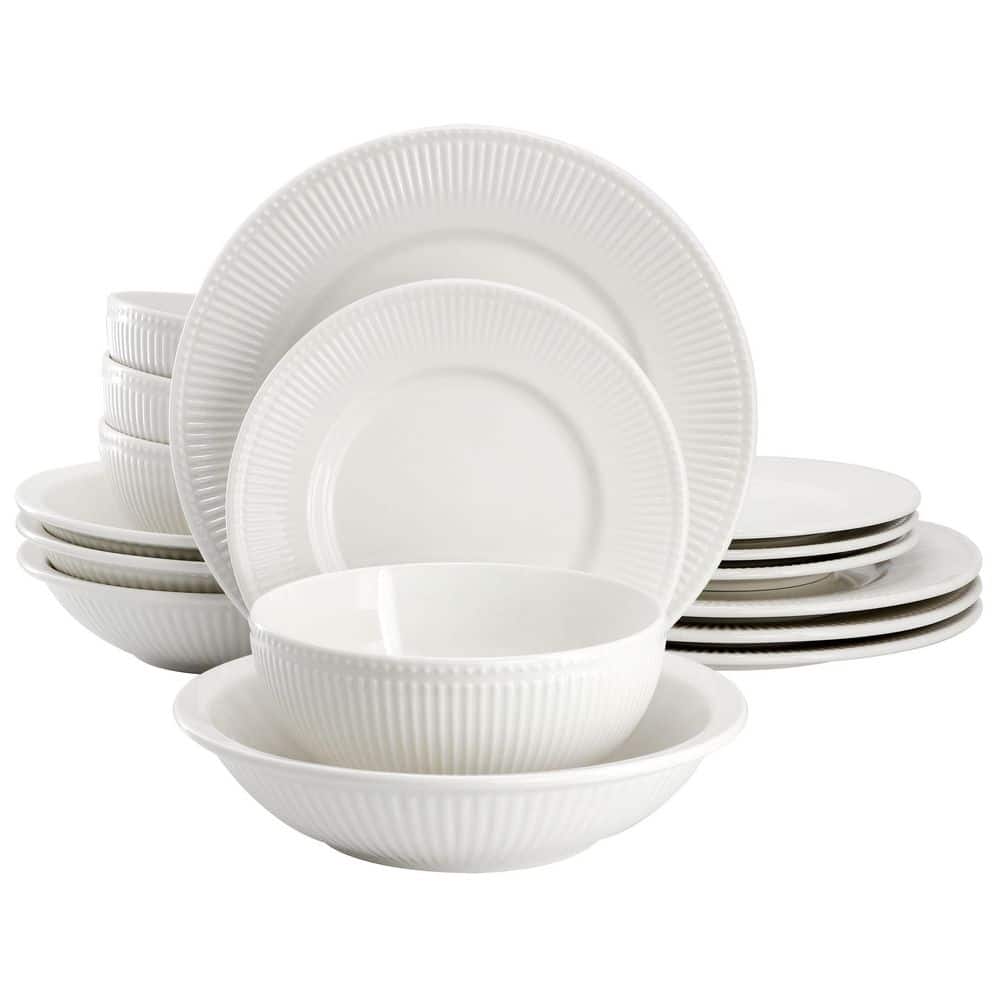 Mia 16 Piece Textured Trim Double Bowl Porcelain Dinnerware Set in White