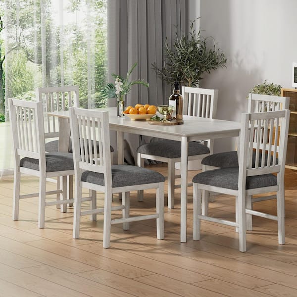 Scandinavian Dining Table Set for 6 Gray Wood Table with Cushioned Chairs Compact 7-Piece Kitchen & Apartment Dining Set