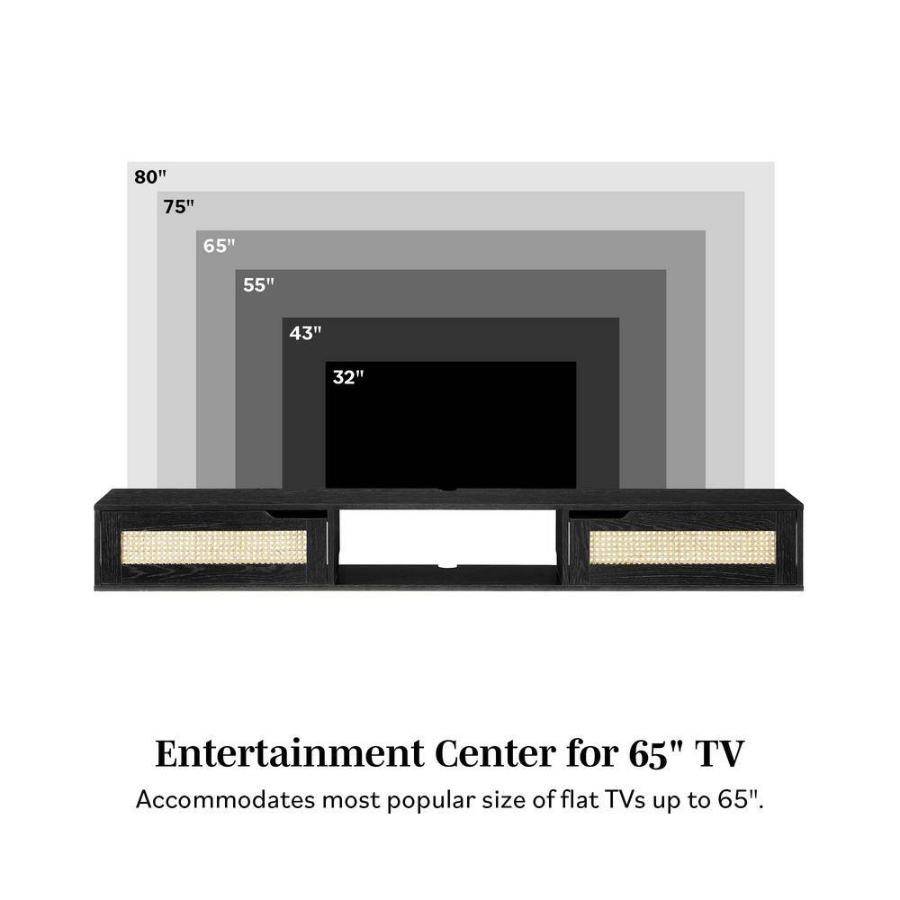 70" Black Wood Floating TV Stand with Rattan Doors