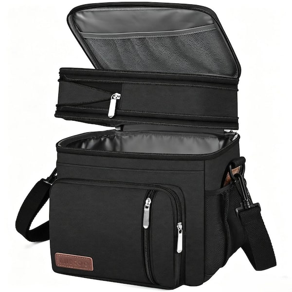 Large Double Deck Leakproof Insulated 15.9 qt. Beverage Jug Chest Soft-Side Cooler Lunch Bag and Box in Black