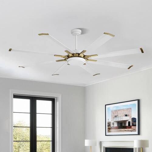 96 in. (8 ft.) Indoor Aluminum Blades Ceiling Fan with Remote, White and Gold Lighting