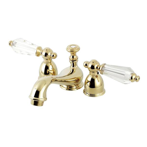 Kingston Brass Crystal 4 in. Minispread 2-Handle Low-Arc Bathroom Faucet in Polished Brass