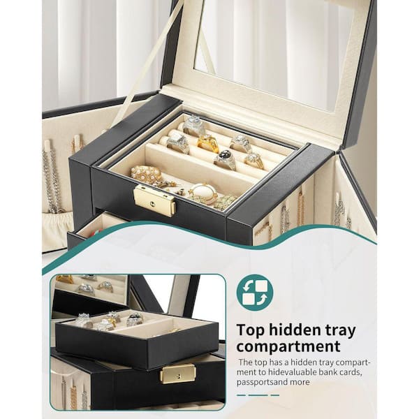 5.9 x 7.87 in. Black Leather Jewelry Box with Lid & Mirrorable