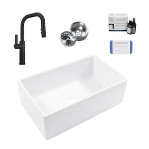 Bradstreet II 30 in. Farmhouse Apron Front Undermount Single Bowl White Fireclay Kitchen Sink with Black Faucet Kit