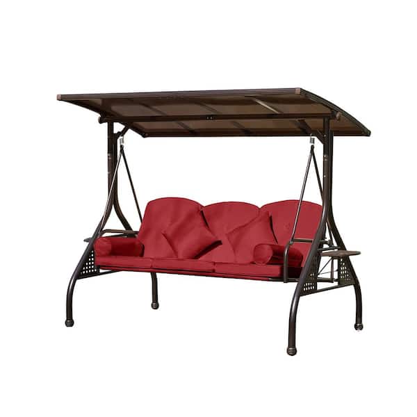 Unbranded 3-Person Brown Metal Patio Swing with Red Cushions, Canopy and 3-Gear Adjustable Backrest