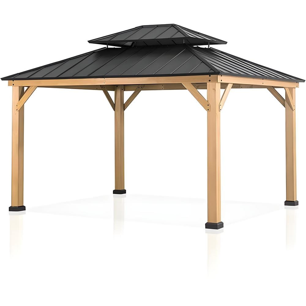 11 ft. x 13 ft. Solid Cedar Wood Gazebo with Dual-Layer Iron Roof, Dual-Tra