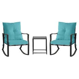 3-Piece Metal Outdoor Bistro Set Rocking Chairs and Glass Coffee Table with Lake Blue Cushions