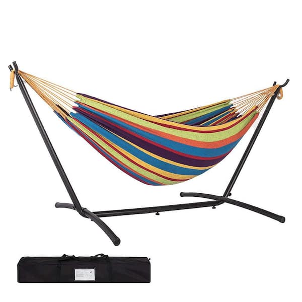 AURA OUTDOOR 9 ft. 2-Person Double Fabric Hammock with Free Standing Steel Stand Include Carrying Bag and Pillow, Yellow Stripes