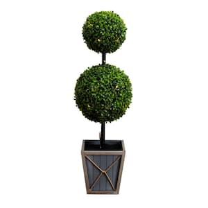 3 Ft. UV Resistant Artificial Double Ball Boxwood Topiary with LED Lights in Decorative Planter (Indoor/Outdoor)