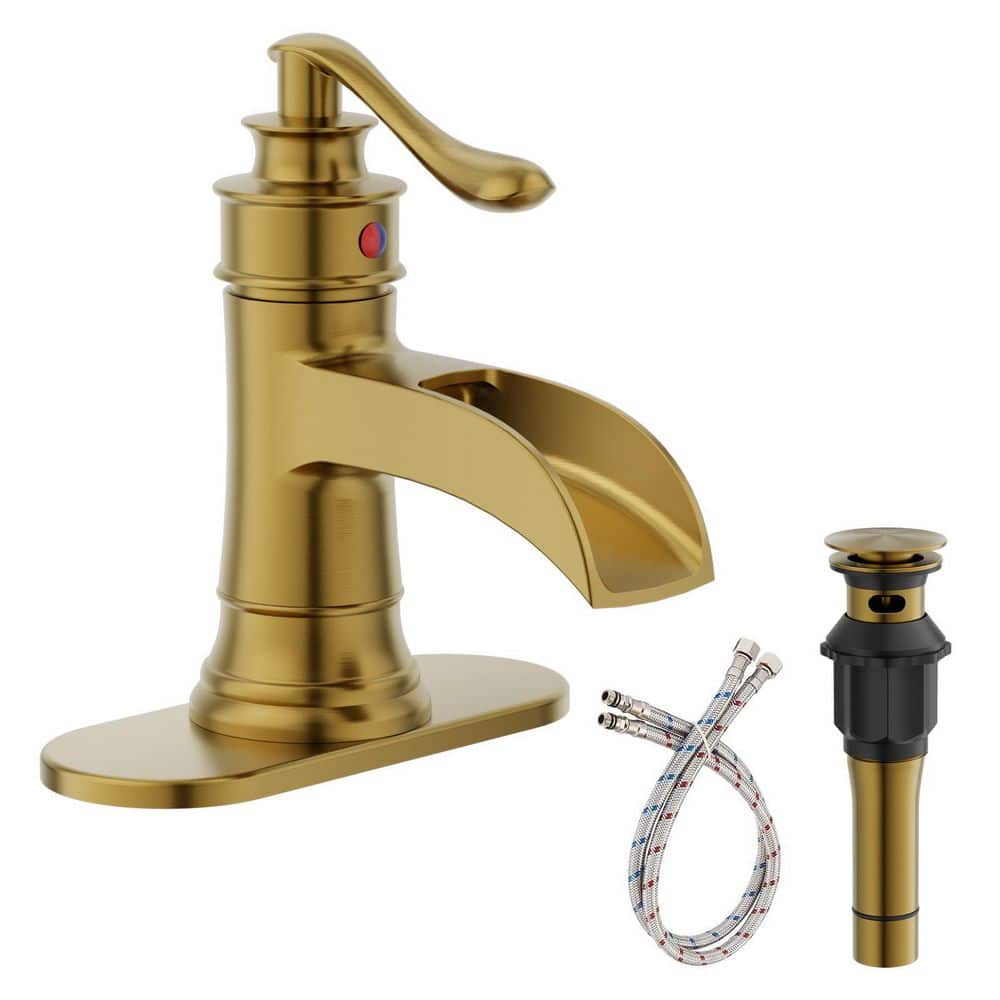 Waterfall Single Hole Single-Handle Low-Arc Bathroom Faucet Water-Saving Vanity With Drain Kit In champagne gold price history on PriceWatchPro