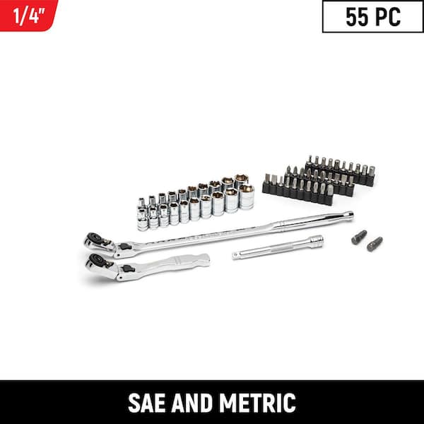 1/4 in. Drive 6-Point SAE/Metric Slim Flex-Head Ratchet and Socket Mechanics Tool Set (55-Piece)