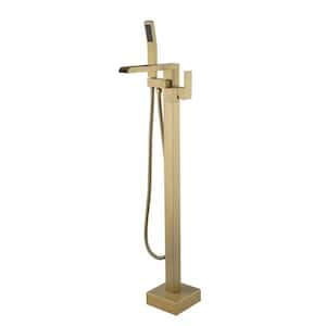 Single-Handle Floor Mount Freestanding Tub Faucet Bathtub Filler with Hand Shower in Brushed Gold