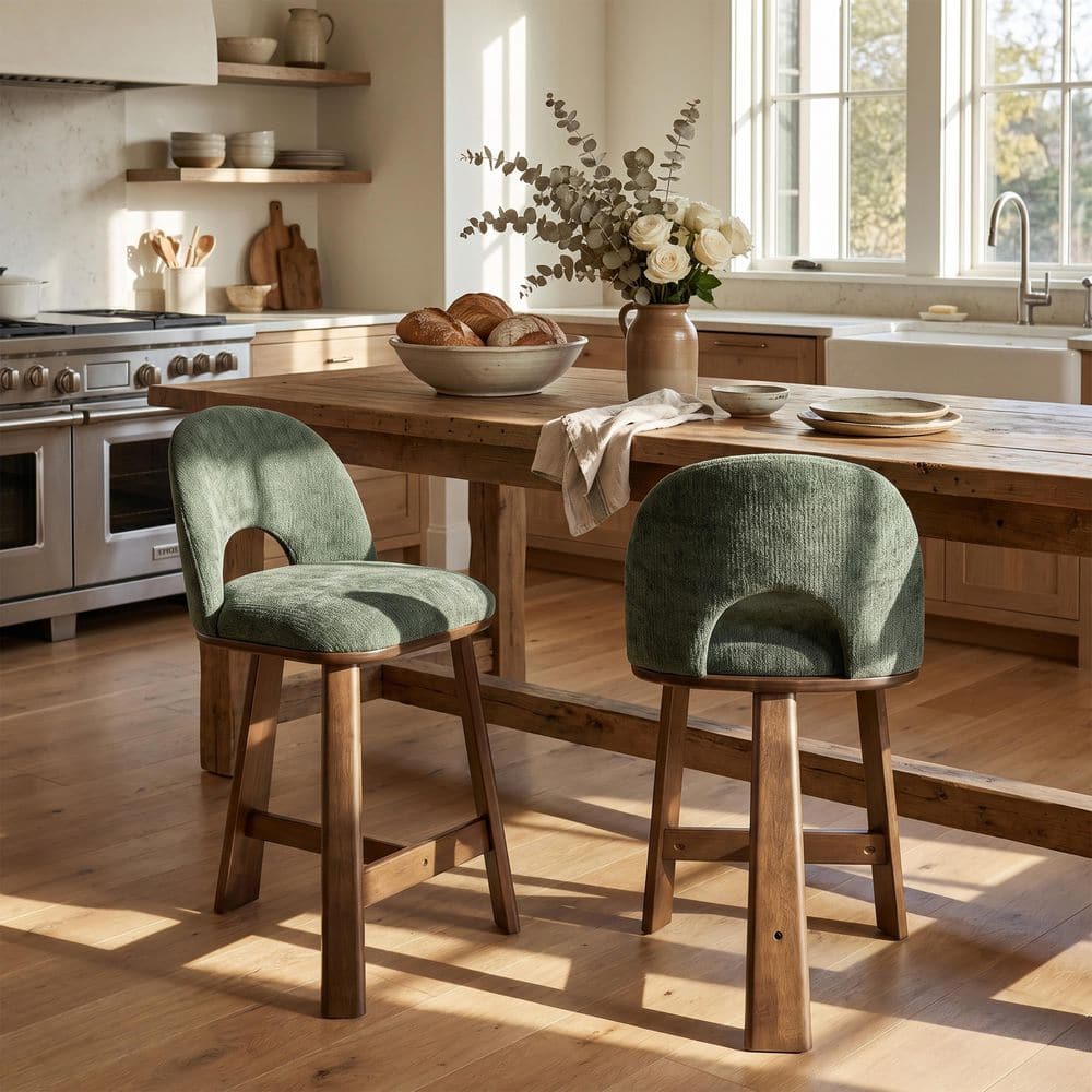 Modern 26.7 in. H Walnut Finish Wood Frame Green Fabric Upholstered Counter Stools with Curved Open Back, (Set of 2)