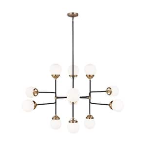 Cafe 12-Light Satin Brass Industrial Hanging Chandelier with Etched/White Inside Glass Shades