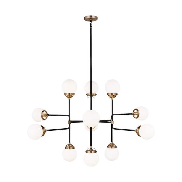 Generation Lighting Cafe 12-Light Satin Brass Industrial Hanging Chandelier with Etched/White Inside Glass Shades