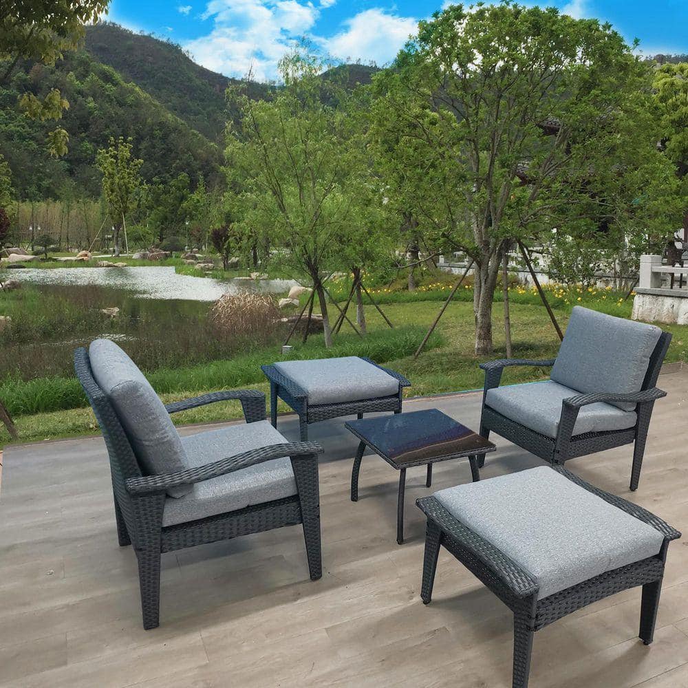 Rattan Outdoor Lounge Chair and Ottoman Set with Gray Cushions (5-Piece)​