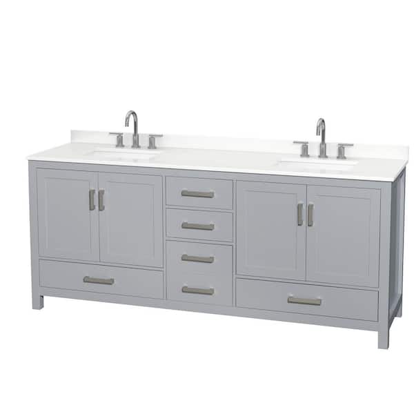 Wyndham Collection Sheffield 80 in. W. x 22 in. D x 35 in. H Double Bath Vanity in Gray with White Quartz Top