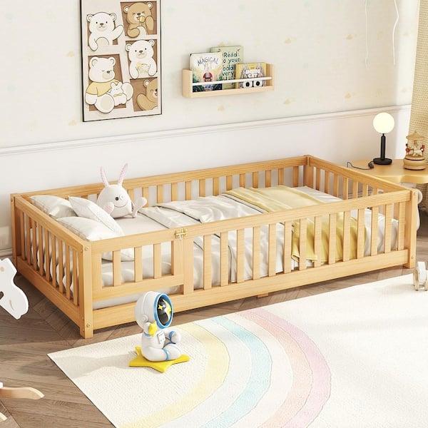 Natural Twin Size Wood Floor Bed Frame with Safety Guardrails and Door Low Platform Bed with Bed Slats for Kids