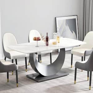 70.87 in. White Sintered Stone Tabletop Gunmetal Gray Pedestal Leg Dining Table with Anti-Collision Arc Corner (Seats 6)