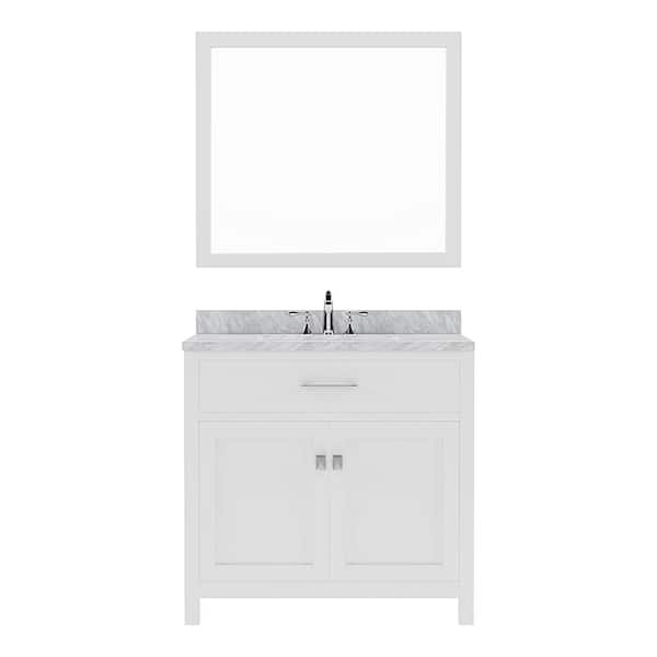 Virtu USA Caroline 36 in. W Bath Vanity in White with Marble Vanity Top in Italian Carrara White with White Basin and Mirror