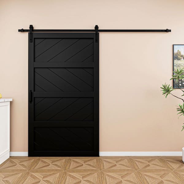 48 in. x 84 in. 4-Panel Wave Pattern Black Finished MDF Assembly Required Sliding Barn Door with Hardware Kit