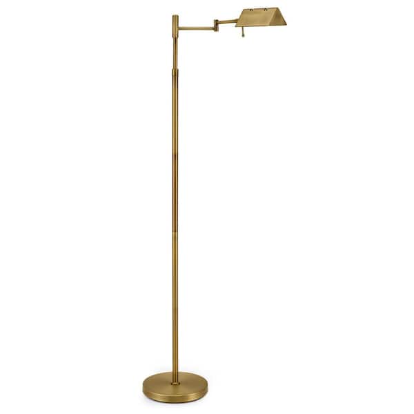 56 in. Brushed Gold Industrial 1-Light 3CCT Dimmable LED Swing Arm Floor Lamp for Living Room with Acrylic Shade