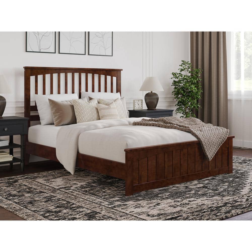 Walnut Queen Wood Platform Bed with Slatted Headboard