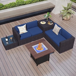 Black Rattan Wicker 4 Seat 5-Piece Steel Outdoor Fire Pit Patio Set with Blue Cushions and Square Fire Pit Table
