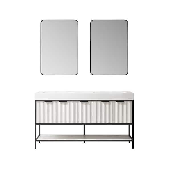ROSWELL Marcilla 60 in. W x 20 in. D x 34 in . H Double Sink Bath Vanity in White with White Integral Sink Top and Mirror