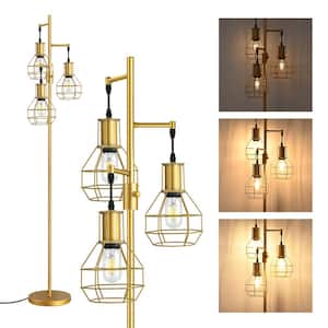 65 in. Oil-Rubbed Gold Metal 3-Light Smart Dimmable Lantern Floor Lamp for Living Room with Black Metal Shade