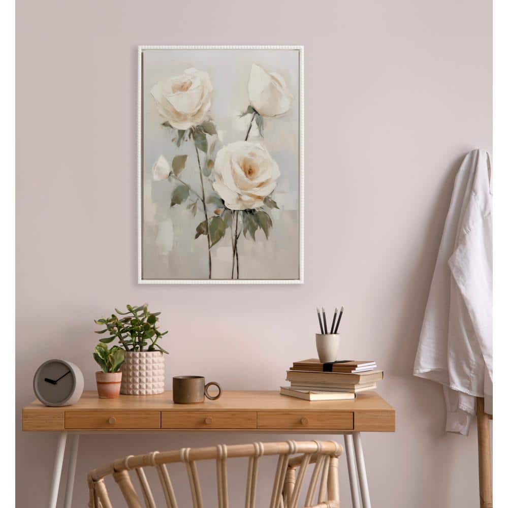 Soft White Roses Beaded Framed Canvas Wall Art, 23x33