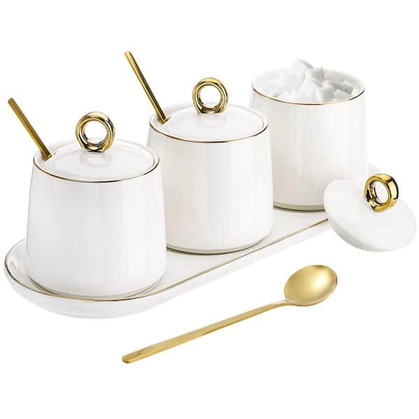 8 oz. White Porcelain Sugar Bowl with Lid and Spoon, Condiment Jar Coffee Bar Accessories (Set of 3)