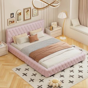 Pink Wood Frame Queen Size Velvet Upholstered Platform Bed with Tufted Headboard