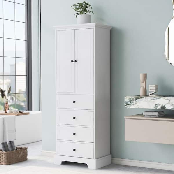 24 in. W x 16 in. D x 68 in. H White Freestanding Linen Cabinet, Storage Cabinet with 2-Doors and 4-Drawers
