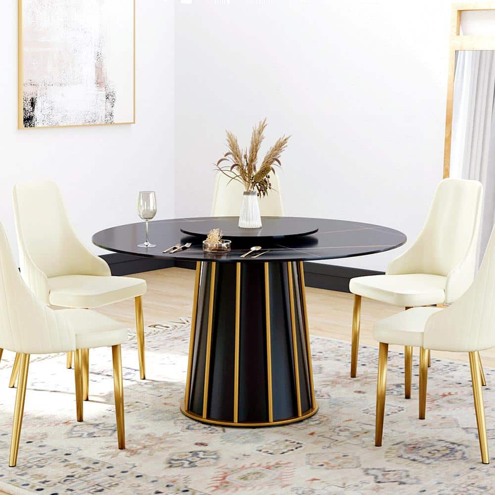 53.15 in. Black Sintered Stone Round Rotable Tabletop with Lazy Susan Black Pedestal Base Kitchen Dining Table (Seats-6) -  Magic Home, MH-A-RD135BB-4B