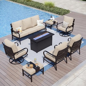 Metal 9 Seat 8-Piece Outdoor Patio Conversation Set with Beige Cushions, Swivel Chairs, Rectangular Fire Pit Table