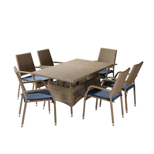 JAYDEN CREATION Orchomenos Light Brown 7-Piece Wood Base Navy Rattan Outdoor Dining Set with Polyester Fabric Cushion