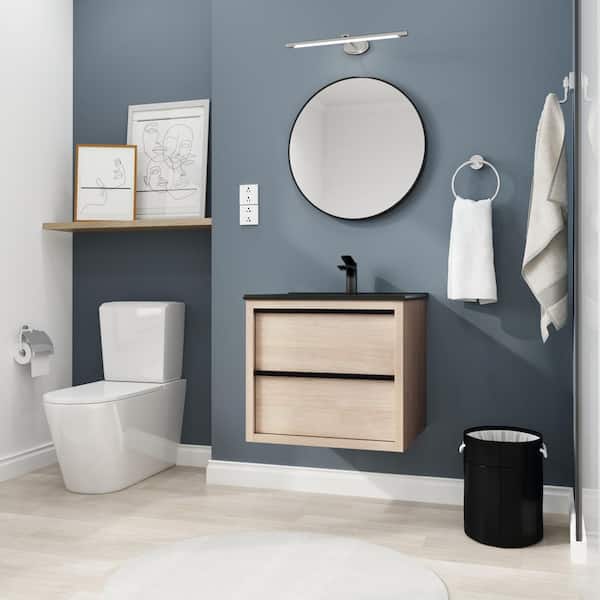 24 in. W x 18 in. D x 21 in. H Freestanding Oak Floating Bath Vanity with Black Ceramic Sink & 2 Soft-Close Drawers
