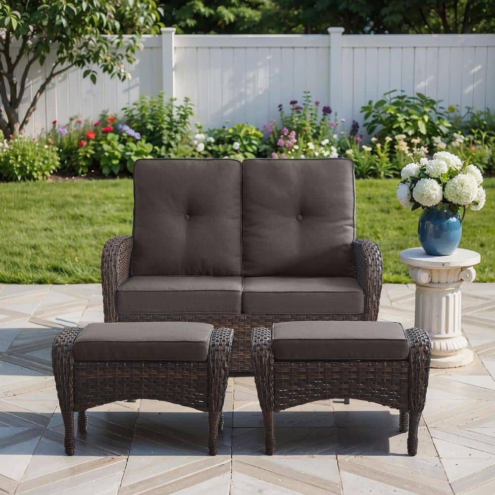 Rotavia Brown 50 in. 2-Person Wicker Outdoor Glider Patio 3-Piece Loveseat Glider Bench with Ottoman and Gray Cushions price history on PriceWatchPro